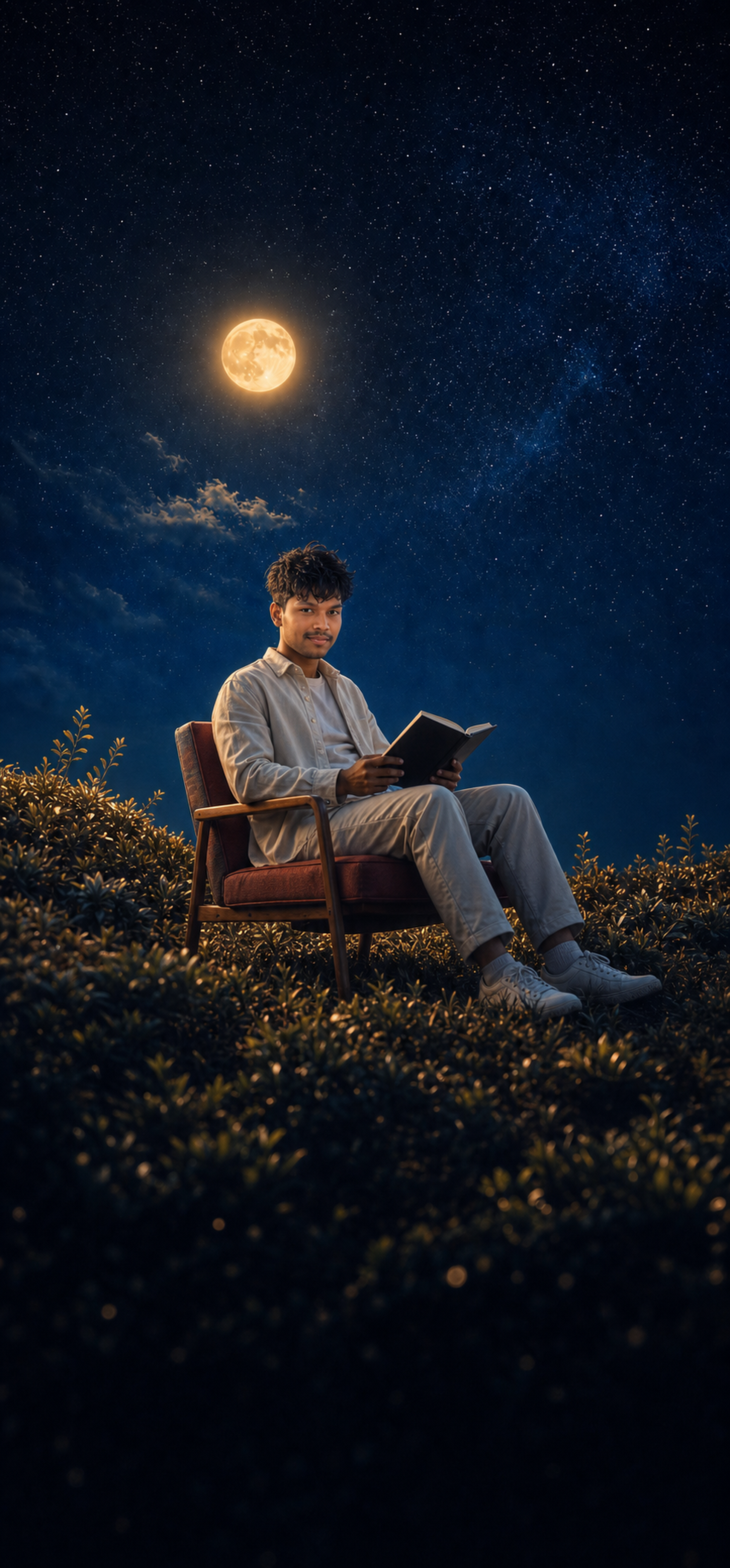 Nishank Solanki seated under a moonlit sky