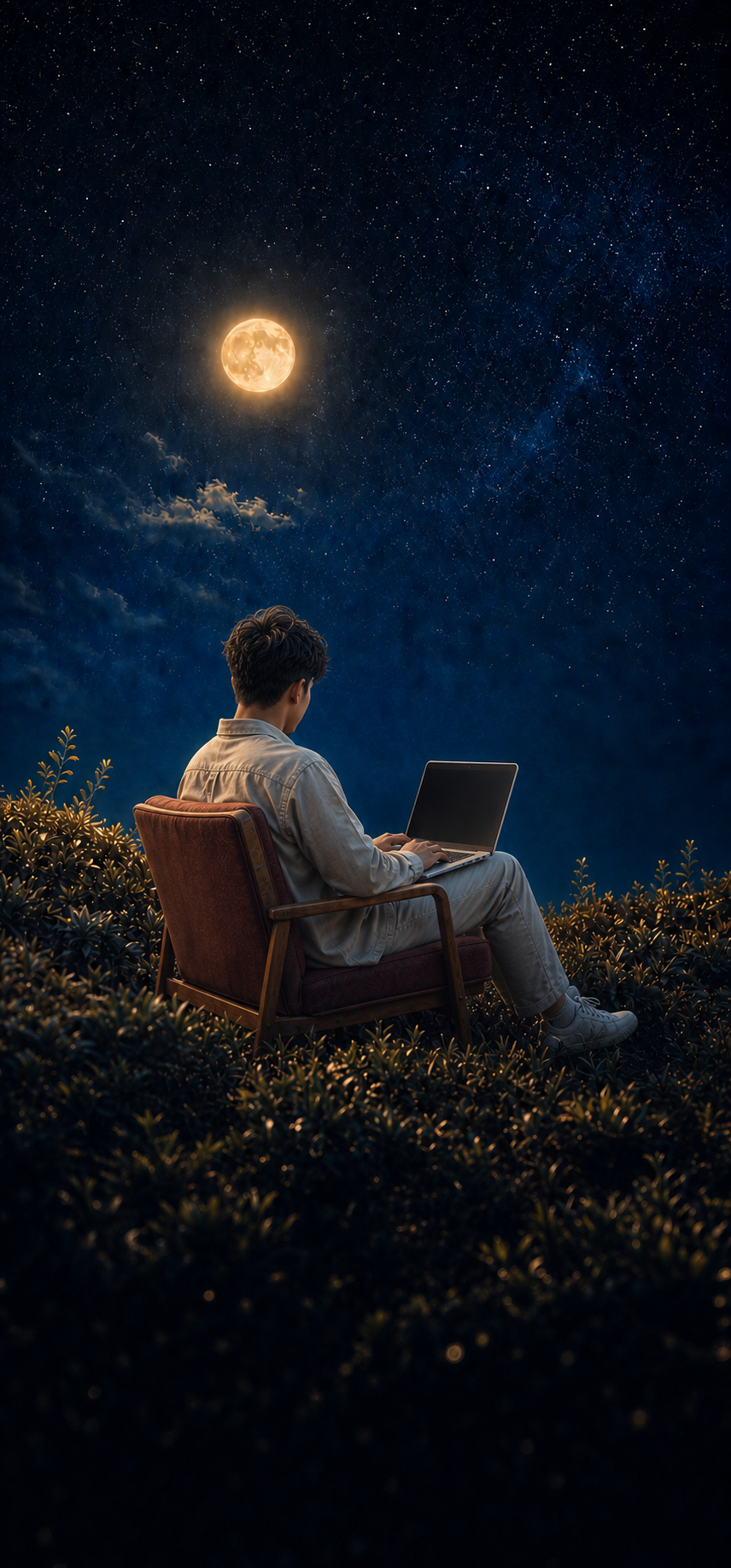 Nishank Solanki working on a laptop under a moonlit sky, viewed from behind